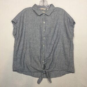 Weatherproof  L Blue Pinstripe Front Tie Linen Blend Button-Up Top Boxy Beach